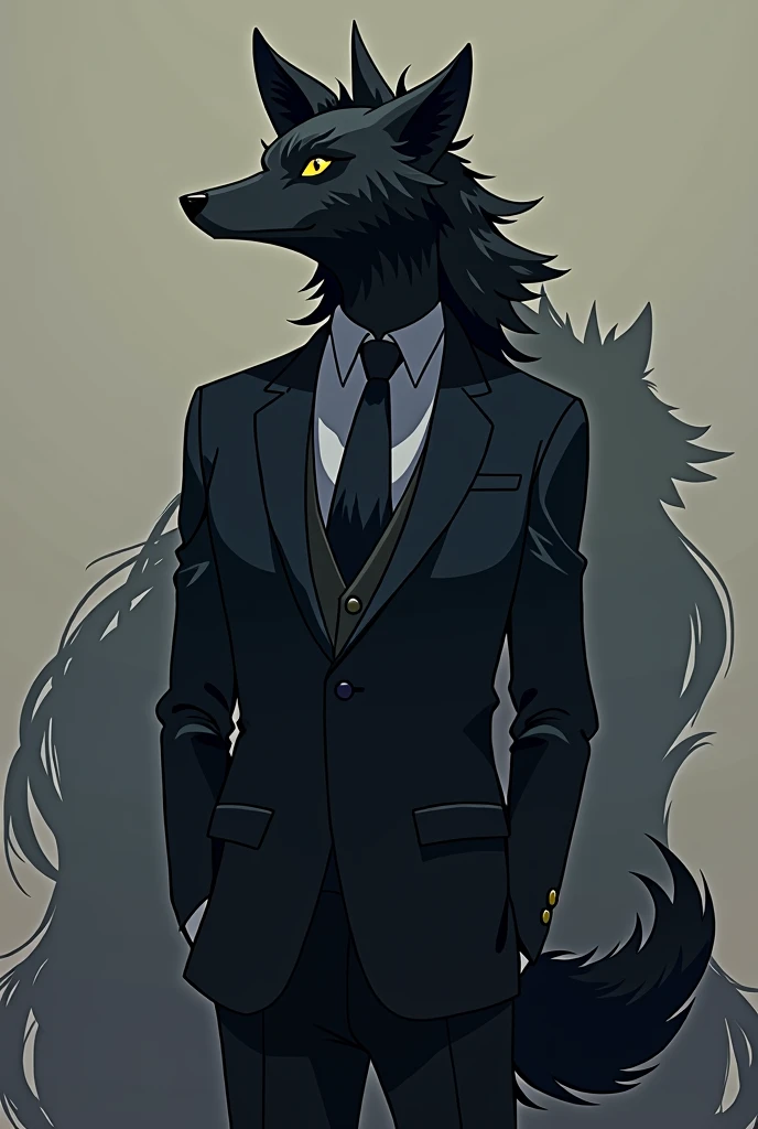 black furred wolf, yellow eyes, wearing formal suit controlling his shadow 2D anime style