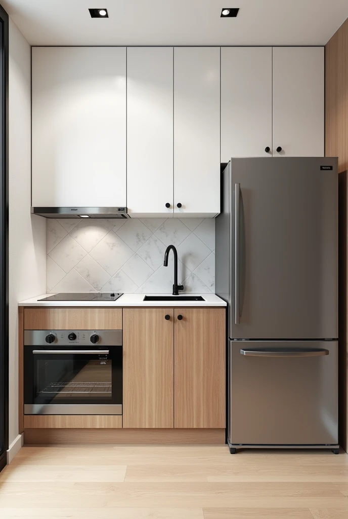 Small kitchen cabinet of 2.5 long. White only on top and woody only on the bottom. With rounded black handle With space for microwave, cooktop, sink and oven.

With white marble countertop Stainless steel refrigerator next to it With 20cm x 20cm square til...