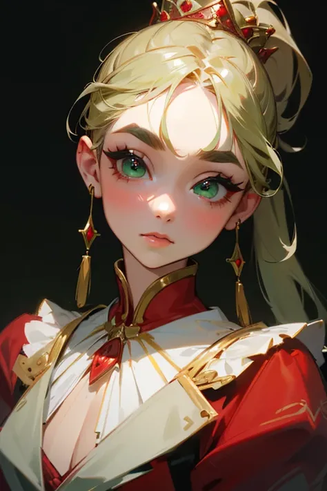 (Highest quality, masterpiece:1.2), High resolution, Very detailed, Realistic:1.37, Fantasy, An illustration, Green Eyes、Queen, Red dress.Platinum decoration、beautifully、Eyeshadow Red、Thick eyebrows、Long eyelashes、pupils are black、Her hair is light green、G...