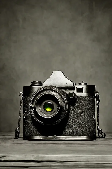 "create a detailed image of an old, dusty vintage camera with a cracked lens that emits a faint, eerie glow. the camera should h...