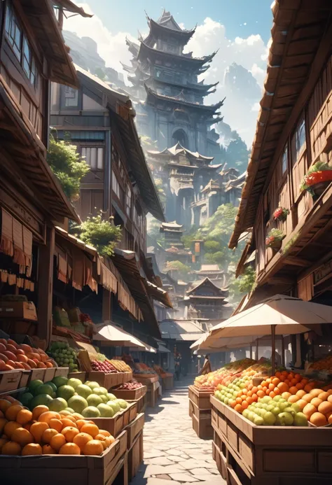 a facade, front, outdoor, fruit market, style, fantasy, large environment, no people, single location, anime, landscape, horizontal view, detailed architecture, vibrant colors, dramatic lighting, photorealistic, 8k, best quality, masterpiece