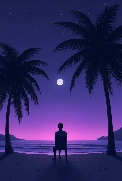 Person in a chair on the large beach at purple night with moon, with palm tree and an invisible woman next to it 