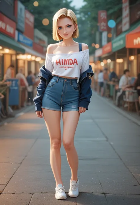 android 18, ( full body closeup photo ), ( bokeh effect ), (cowboy shot), very seductive, seductively pose, smiling, cute, very cute, ultra high definition, work of art, Ultra-high quality, ultra detailing, 8k, nua sexy, humida, Off The Shoulder, humida  s...