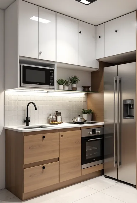 Small kitchen cabinet of 2.5 long. White only on top and woody only on the bottom. With rounded black handle With space for microwave, cooktop, sink and oven.

With white marble countertop Stainless steel refrigerator next to it With 20cm x 20cm square til...