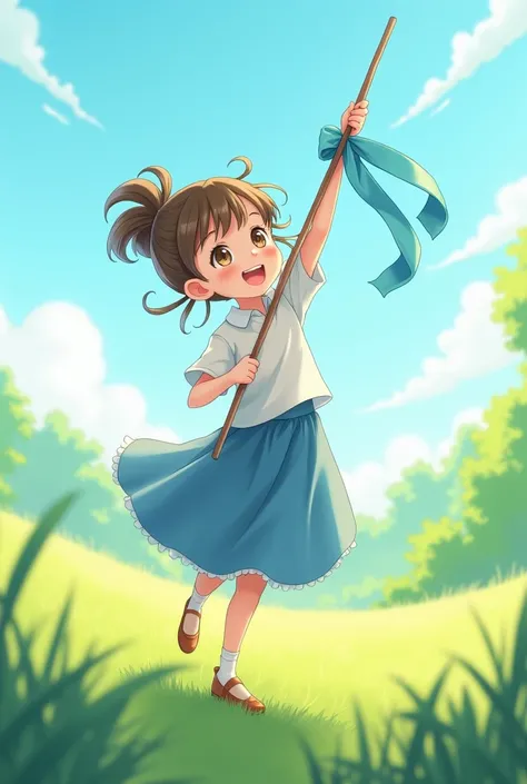 A girl in a blue skirt holding a stick with a long blue ribbon with her hair tied up 