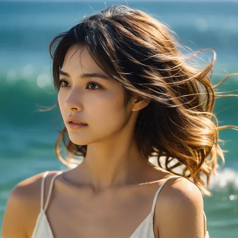 A hyper-realistic image of a single Japanese woman in her early 20s, captured with the nostalgic warmth and subtle graininess of a film camera, showing her from the shoulders up as she stands on a sunlit beach. Her skin has a warm beige tone with a natural...