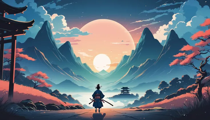 Electric guitar、Japanese Samurai、Background Japan landscape、Wide-angle lens, Lofi Anime, Lofi illustration, Aesthetic atmosphere, Lo-Fi Style, Vector art, Flat Design, Simple shape, Warm tones, Pleasant atmosphere, Chill, In anime style, Digital drawing, V...