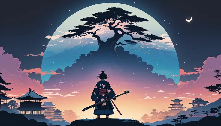 Electric guitar、Japanese Samurai、Background Japan landscape、Wide-angle lens, Lofi Anime, Lofi illustration, Aesthetic atmosphere, Lo-Fi Style, Vector art, Flat Design, Simple shape, Warm tones, Pleasant atmosphere, Chill, In anime style, Digital drawing, V...