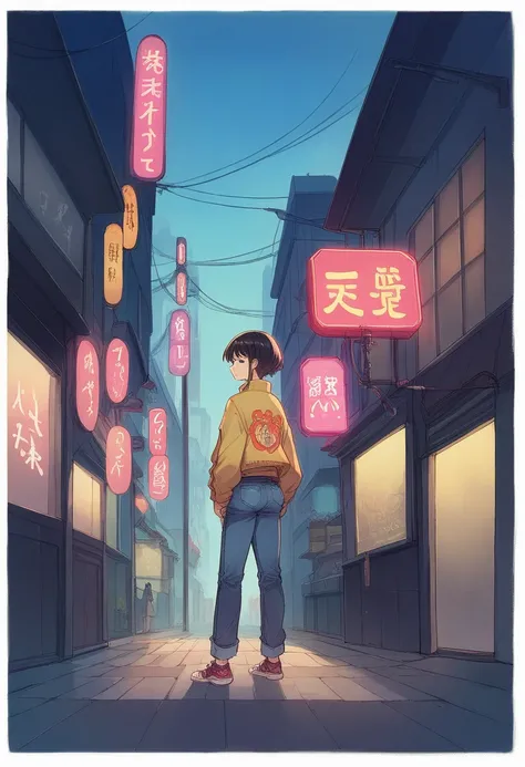 A full body woman on a street in 80s anime style, with a vintage aesthetic. She is wearing an oversized denim jacket, high-waisted wide-leg pants and sneakers, all with soft colors, typical of the 80s. Your hair is long, smooth ass, with a touch of nostalg...