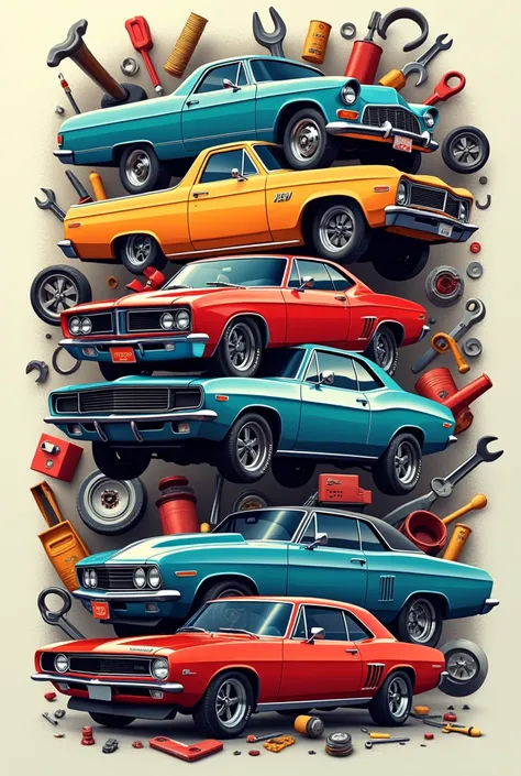 Make five images that have many cars, Trucks and car tools and also accessories, that the image is like a Collage