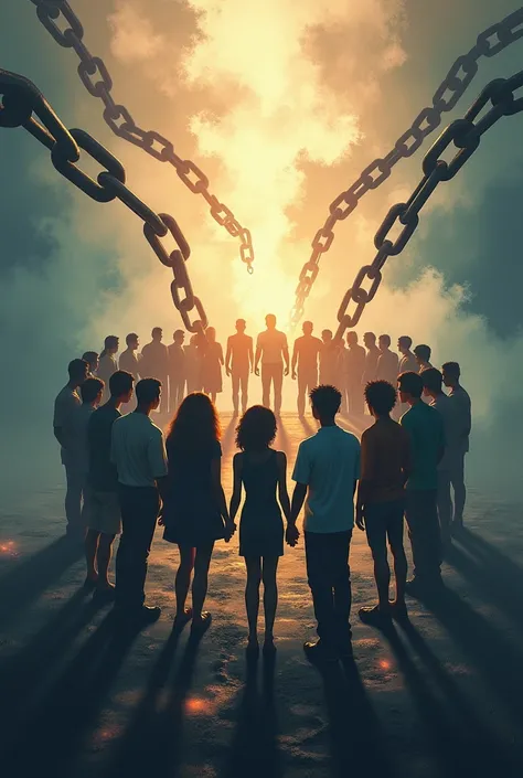  Broken chains forming into a diverse group of people standing united, signifying liberation from prejudice. Make it like a drawing and be creative 