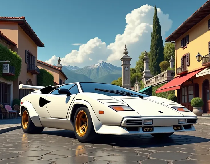 3/4 shot of a white Lamborghini Countach with Bronze wheels parked at the side of the road in a little Italian villa with cute cobblestone roads, cafes, shops, and markets. Statues and fountains, deep blue skies with partly cloudy skies"