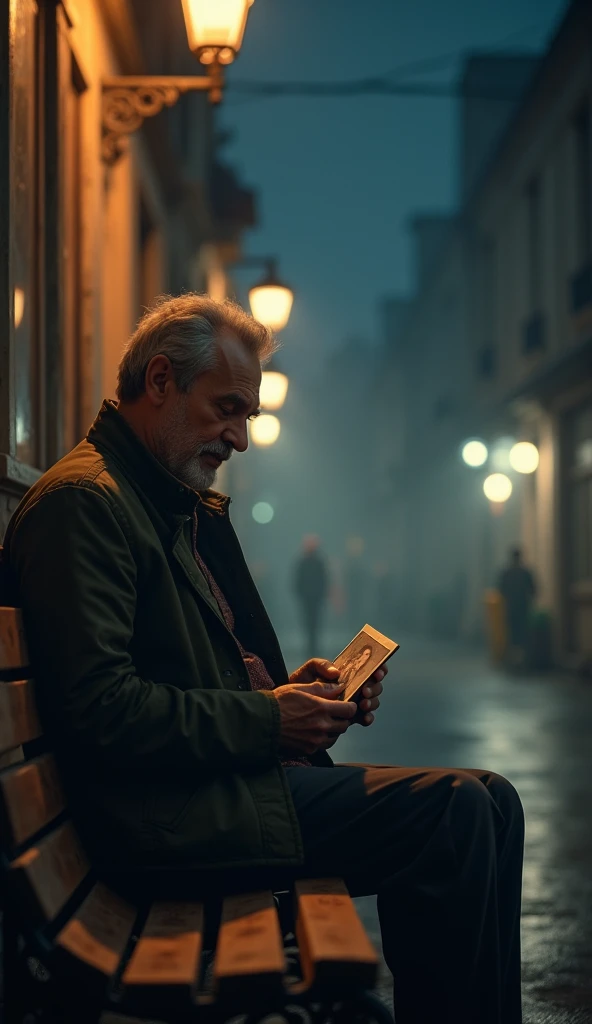  A nostalgic scene where a man sits alone under the stars, lost in thoughts. The background is a quiet, dimly lit street, and the man is surrounded by the soft glow of streetlights. He holds a picture or a memento that reminds him of his love, with a sligh...