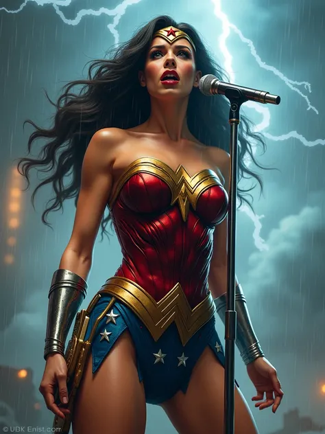 Rock Wonder Woman DC holding the microfon singing with a background of thunder and a very rock vibes. realistic, ultra sharp, 4k