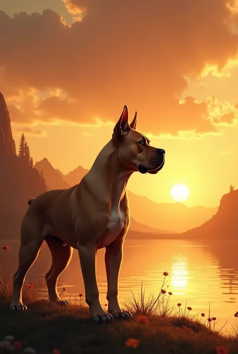 American Bully in beige color with robust body and pointy ears ,in profile position standing over the water in a golden sunset