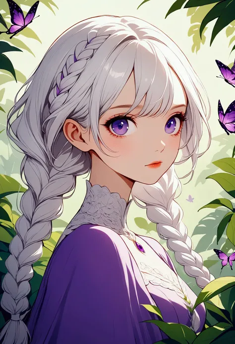 Vector illustration，Beautiful witch with two purple braids，A couple of 1 girl and 1 boy, White hair，Pink tip, blue eyes, Extremely detailed, Pretty Face,
Lovely：1.37，Purple Eyes，White hair-purple-long braids。jungle，vegetation，Lush，, Digital illustration st...