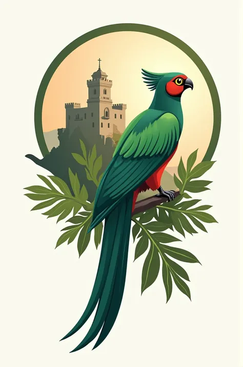 Make a logo for a tourism agency with a quetzal and the San Felipe castle