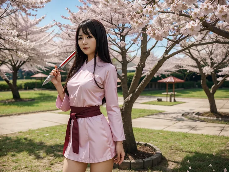 A Beautiful Asian Woman, with Sakura Cosplay Costume in the Naruto anime series, holding a kunai weapon, martial arts standby, cherry blossom tree background