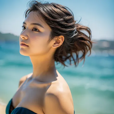 A hyper-realistic image of a single Japanese woman in her early 20s, captured with the nostalgic warmth and subtle graininess of a film camera, showing her from the shoulders up as she stands on a sunlit beach. Her skin has a warm beige tone with a natural...