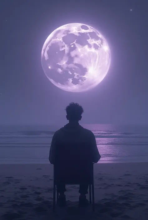 Person in a chair on a large beach at night, with a big moon, purple night
