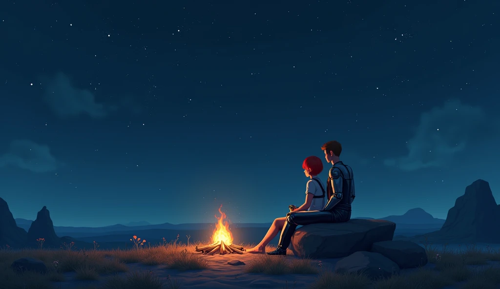 Two, an android and a redhead, sitting on a rock watching the blue night sky, lit only by the small fire in front of them