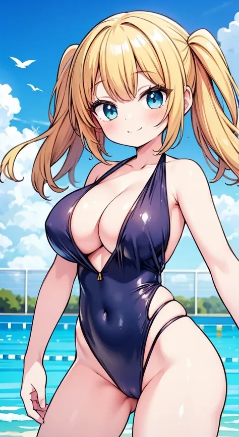 Highest quality,masterpiece,One person,Blonde,Twin tailsNSFW,Swimsuit,Large Breasts,smile,schoolpool,