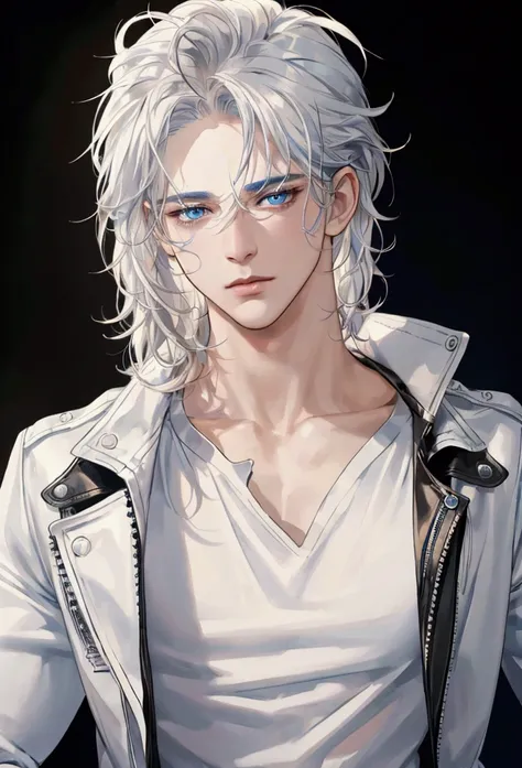 (masterpiece, High resolution, Ultra-detailed:1.0), (1male, male face), Perfect male body, adult male, Delicate eyes and delicate face, Extremely detailed CG, complicated details, detailed face, (by white, blue eyes, messy hair, calm face, White T-shirt, b...