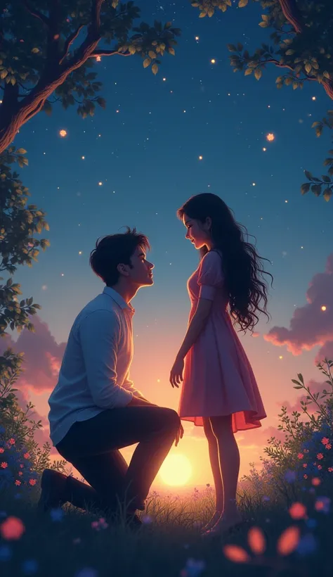 A romantic setting where a man is kneeling down to confess his love to a woman. The backdrop is a starry night with twinkling lights, and the couple is surrounded by nature, perhaps in a garden or a quiet, scenic spot. The woman is blushing, while the man ...