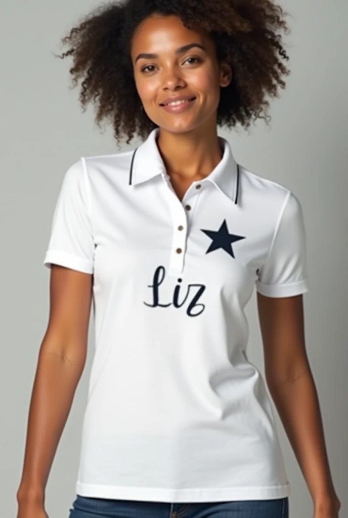 White women&#39;s polo shirt with a star on the front with the name LIZ