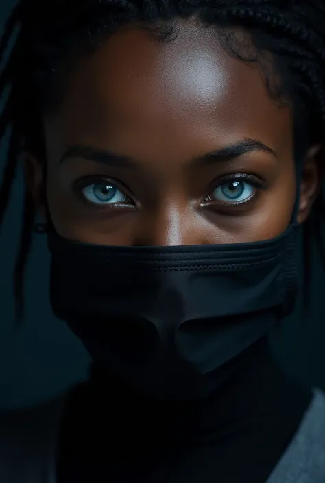 africana, with blue eyes, wearing a black surgical mask.