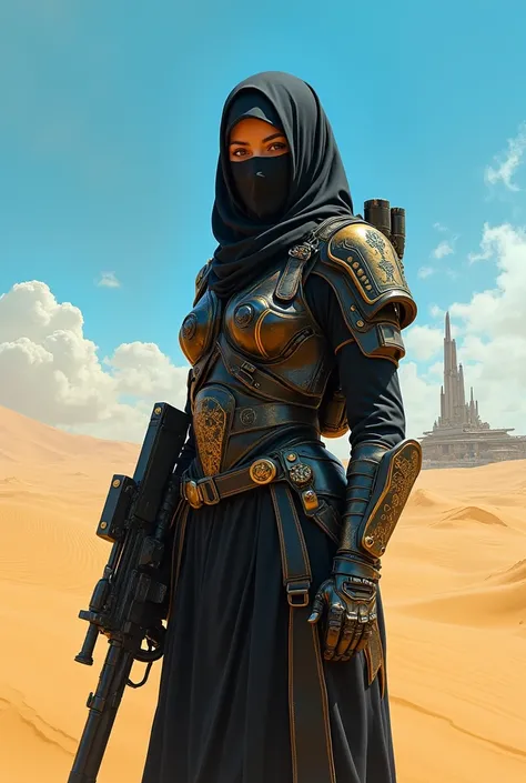 A panoramic view，photorealistic，Cyber Punk Style，blue sky, Endless golden desert，Military base in the desert，3chica，She wears a high-tech black Arabic-inspired burqa（Flour），Dressed in gorgeous, high-tech golden Arabian clothing，Wear a high-tech black heads...