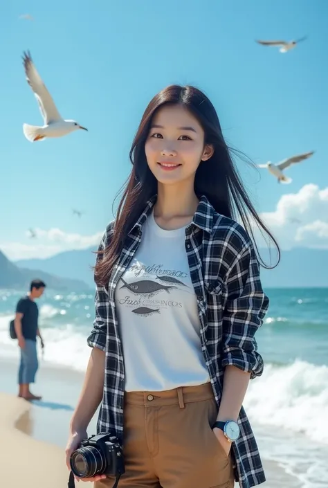 Beautiful Korean girl with smooth white skin, well-groomed face, long straight black hair, faint smile, black and white checkered shirt, white t-shirt decorated with fish motifs) brown cargo pants, cool watch. Posing standing on the beach carrying a camera...