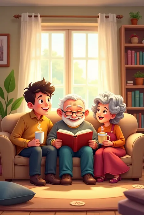 Cartoon of a father, grandfather and grandmother in a living room reading 