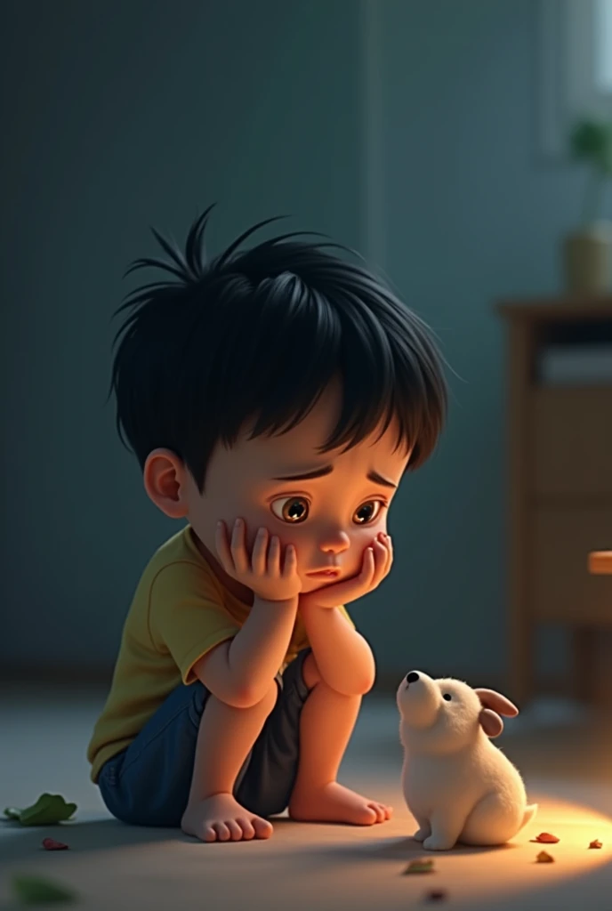 Create me an animated character who is a sad child because of his deceased pet