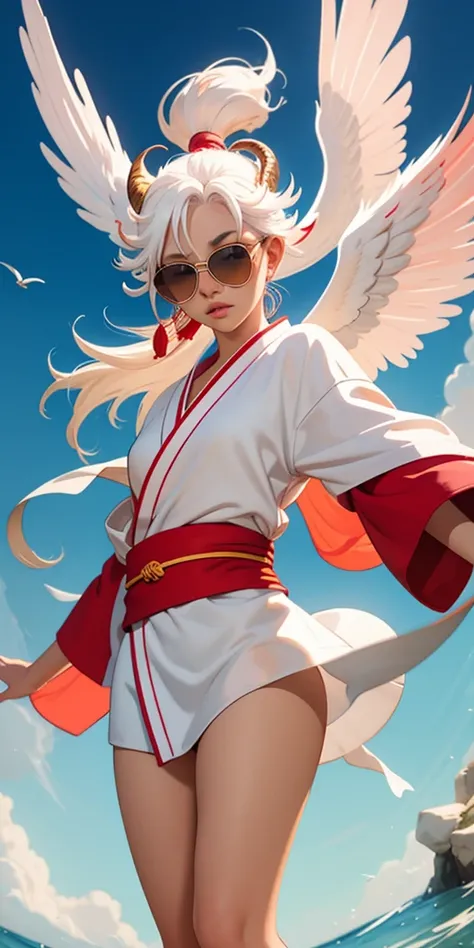 an angel with red wings, ram horns, white hair on the shoulder, eye white, cleriga, wearing a light pink kimono , blue sunglasses, de corpo inteiro, in a style that combines dungeons and dragons art, oil painting, complex lighting, water colour, fancy, def...