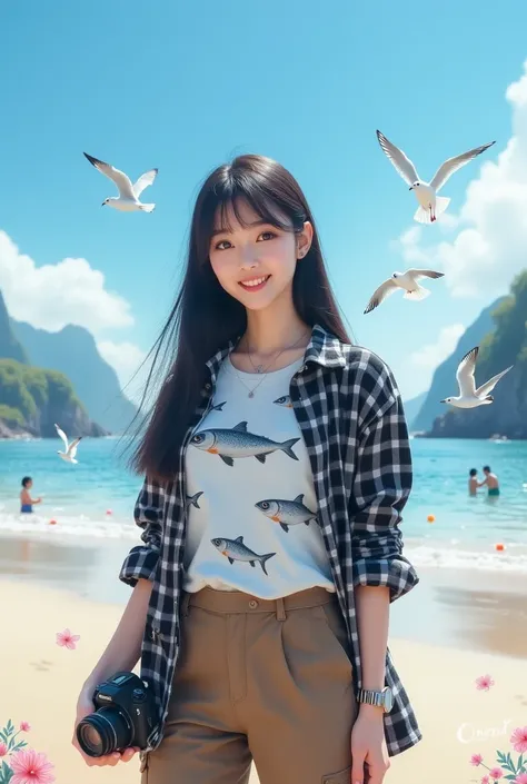 Beautiful Korean girl with smooth white skin, well-groomed face, long straight black hair, faint smile, black and white checkered shirt, white t-shirt decorated with fish motifs) brown cargo pants, cool watch. Posing standing on the beach carrying a camera...