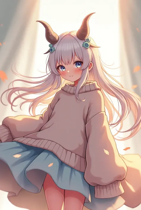 Create an anime girl with long white hair and bangs wearing a big sweater with a skirt and horns where an amongos is hidden in the doubles of the clothes