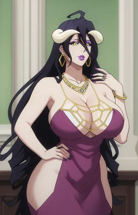 Albedo,Overlord,long curly drill hair,Purple lips,eyeshadow, Sleeved thin Black colored dress with cleavage,,Fullbody,Big breast,Wide hips,Jewel necklace,big chandeller earring,diamond Wedding ring,Detailed face,Bare neck,Enter the hall,Jewel ring,black lo...