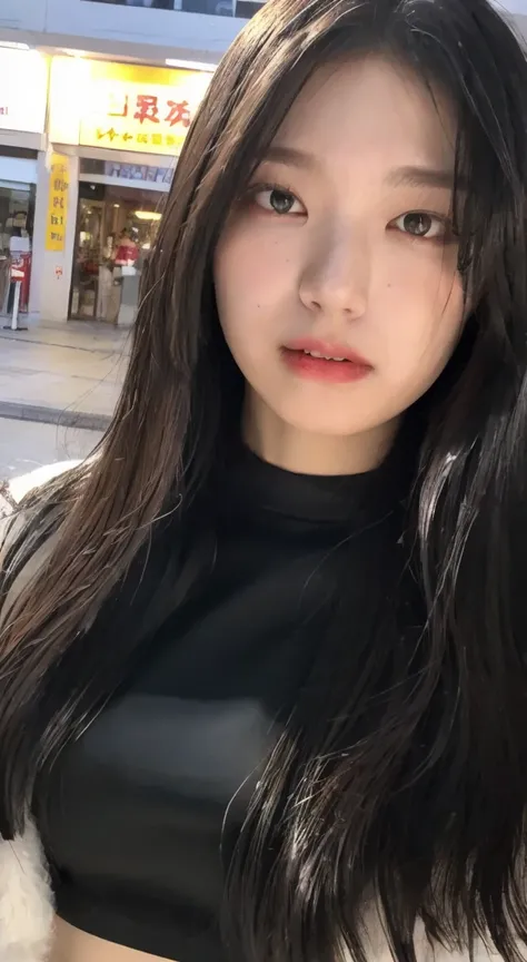 (Realistic Light, Highest quality, 8k, masterpiece: 1.3)), Places of interest: 1.2, 1 person, Perfect beauty: 1.4, Slim Belly: 1.1, ((Dark brown hair)), (Black Cropped Shirt: 1.4), (Outdoor, at night: 1.1), Chinatown Road, Very smooth face, Good Eyes, doub...