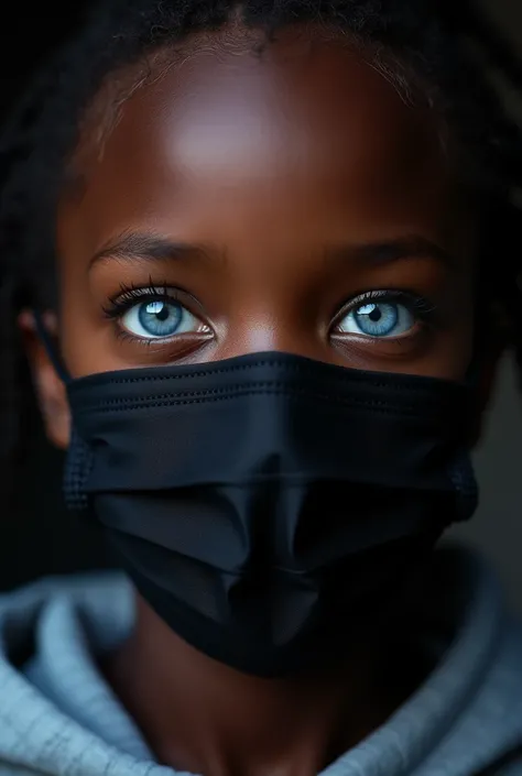 african teen, with blue eyes, wearing a black surgical mask.