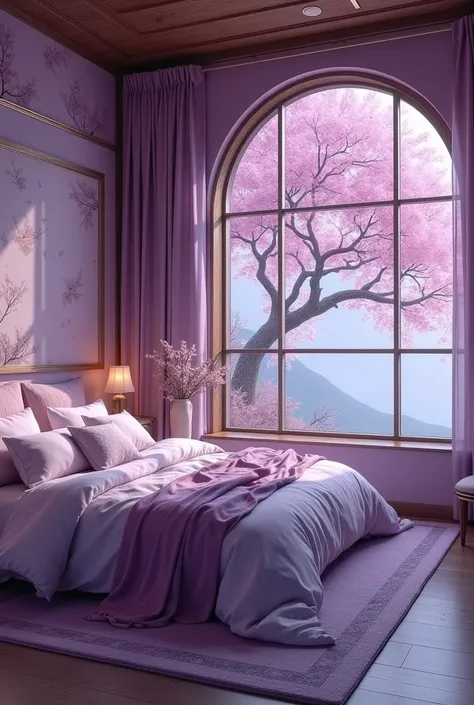 A medieval feminine bedroom with the color purple, with purple lighting, with a Japanese theme and a sakura tree, floorplan, with the image in 16:9,