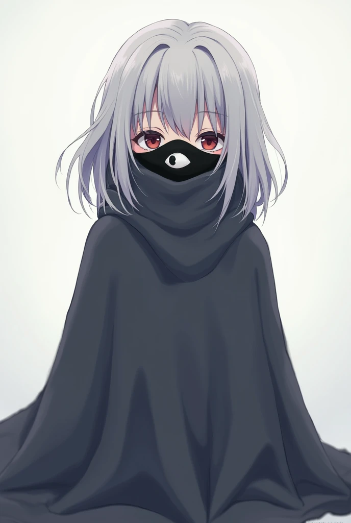 Anime style girl with medium-long white hair with black tips with a blanket covering her entire white body and a black mask with a large eye in the center that covers her entire face so that her face is not visible 