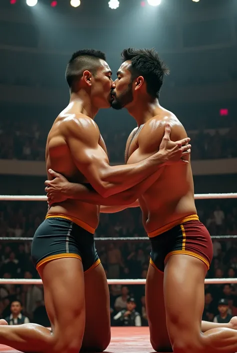 A young Japanese professional wrestler A and a senior Japanese professional wrestler B are in the ring.。They are on the same team。
A is buzzcut and muscular、Wearing short tights。Sweaty。
B is short-haired, muscular, and dark-skinned、Wearing short tights。
A ...