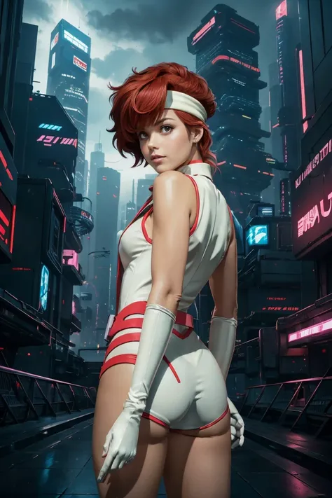 best quality,ultra-detailed,portrait of Kei from The Dirty Pair,realistic,animesque, vibrant colors,bold and dynamic pose,powerful expression,beautiful detailed eyes,intense,sharp focus,medium:anime style,short red hair,wearing her signature white jumpsuit...