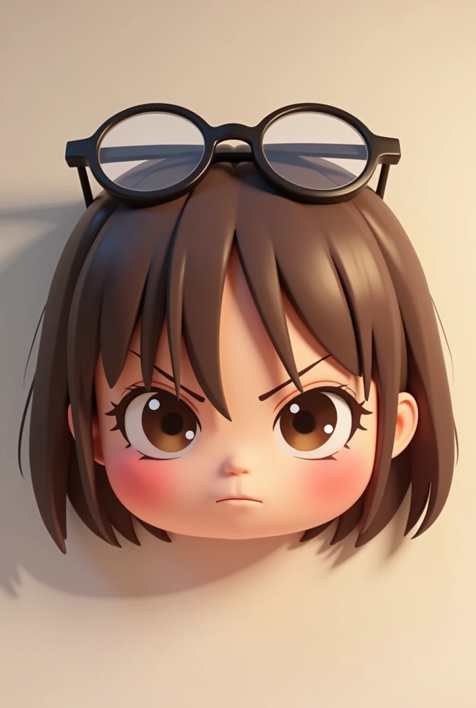 A cute anime doll face for emote on twitch. Little doll with angry expression, round transparent glasses, brown hair to the shoulder, brown eyes and chubby cheeks.