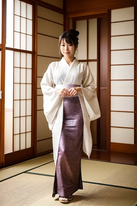 nsfw、Japanese Mature、Innkeeper、Super glamorous、Plump、kimono made of thin fabric、White kimono、Japanese-style room、See-through yukata、See-through, revealing your entire body