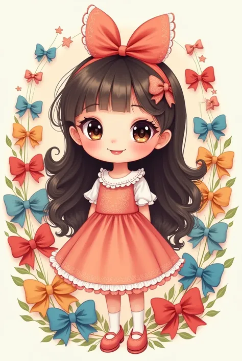 Cute little cartoon girl with long hair and a big bow in her hair and lots of bows around her