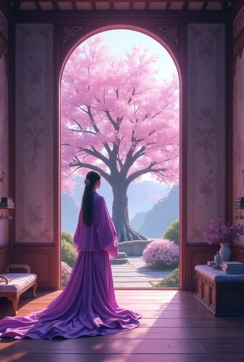 A medieval feminine bedroom with the color purple, with purple lighting, with a Japanese theme and a sakura tree in the middle of the room, floorplan