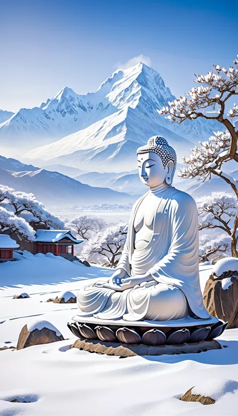 Depict a Buddha statue in a snowy landscape, seated on a serene, snowy plateau with majestic snow-capped mountains in the background. The soft, white snow blankets the ground, and the cold air is crisp and clear. The peaceful demeanor of the Buddha contras...