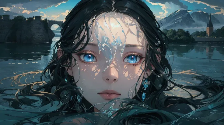 The painting depicts a woman in water，A castle in the background, Water Eye, Nymph in the water, Detailed digital painting, face in water, Big watery eyes, very Detailed digital painting, Detailed digital illustrations, closeup fantasy with water magic, Hi...